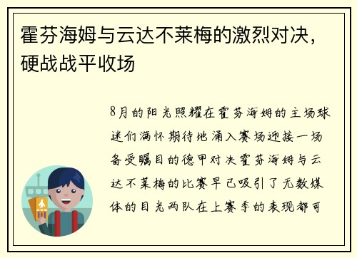 霍芬海姆与云达不莱梅的激烈对决，硬战战平收场