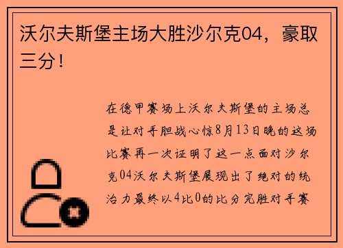 沃尔夫斯堡主场大胜沙尔克04，豪取三分！