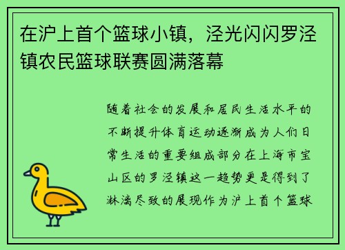 在沪上首个篮球小镇，泾光闪闪罗泾镇农民篮球联赛圆满落幕