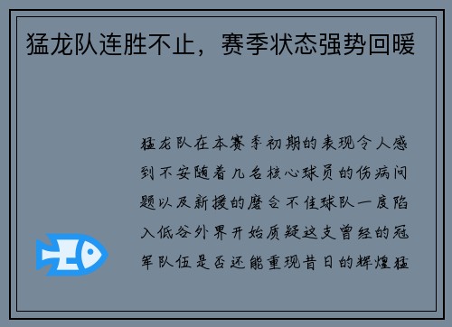 猛龙队连胜不止，赛季状态强势回暖