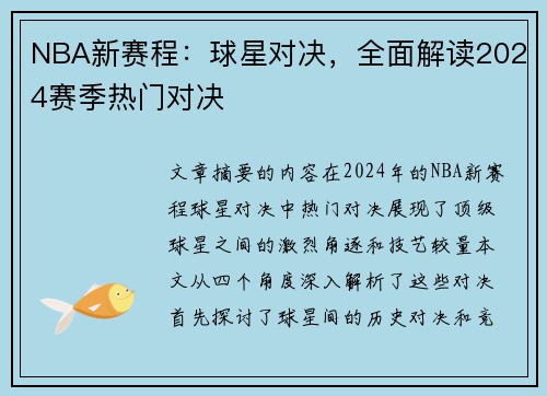 NBA新赛程：球星对决，全面解读2024赛季热门对决