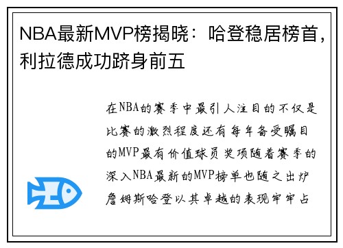 NBA最新MVP榜揭晓：哈登稳居榜首，利拉德成功跻身前五